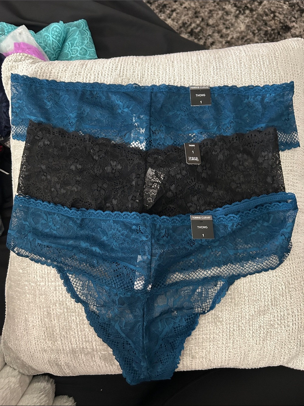 torrid Lace Thong Trio in Teal and Black bundle lot 3 pair